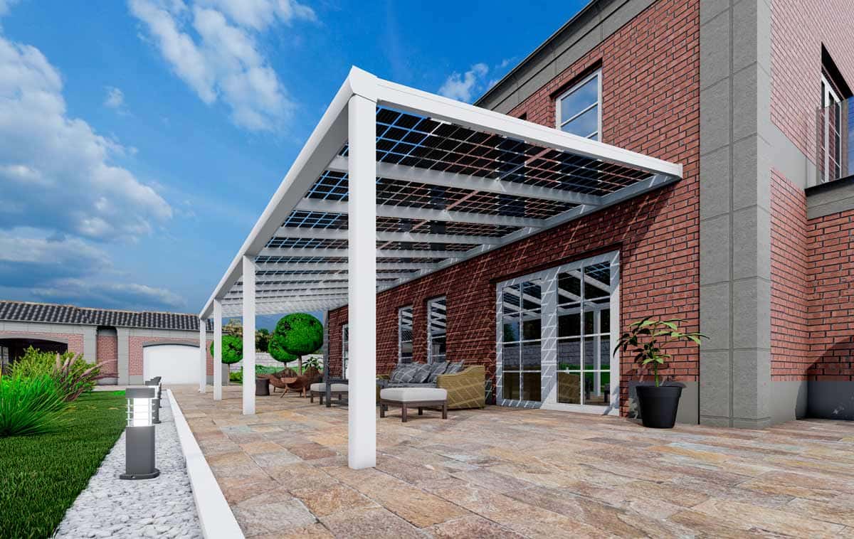 Solardach 7480 Watt/p auf einer Terrassen&uuml;berdachung in Wei&szlig; mit 22 Photovoltaik Paneele  